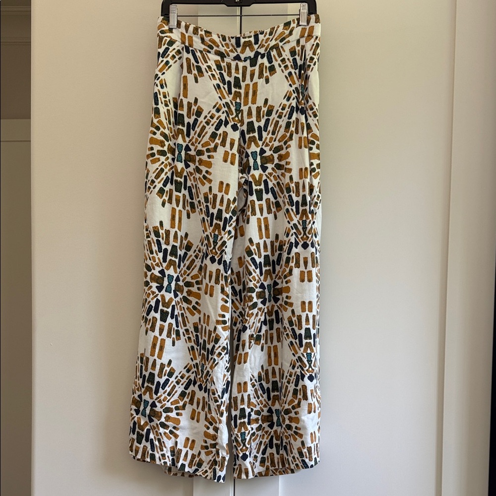 Free People Wide Leg Printed Linen-Blend Pants in White, Gold & Teal